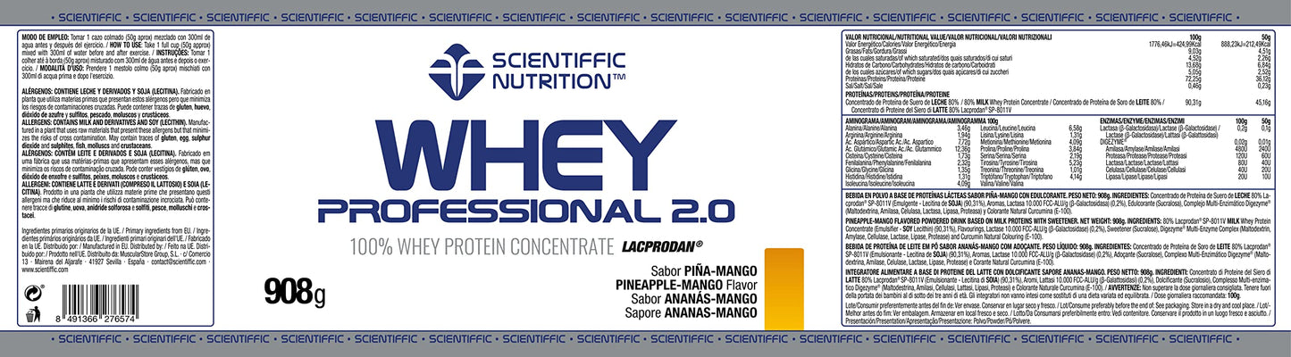 Scientiffic Nutrition - Whey Professional 2.0 Proteinas Whey en Polvo 100% Pura, para Aumentar la Masa Muscular, con Enzimas Digestivas y Lactasa - 2kg, Sabor Chocolate.