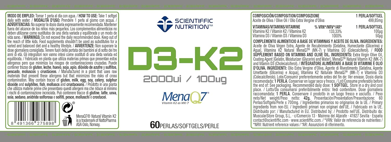 Scientiffic Nutrition - Vitamina D3 y K2 con Aceite de Oliva Virgen Extra para una Mejor Absorción y Alta Biodisponibilidad, Fortalece los huesos, Vitamina D3 2000ui + K2 100µg - 60 perlas