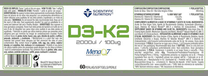 Scientiffic Nutrition - Vitamina D3 y K2 con Aceite de Oliva Virgen Extra para una Mejor Absorción y Alta Biodisponibilidad, Fortalece los huesos, Vitamina D3 2000ui + K2 100µg - 60 perlas