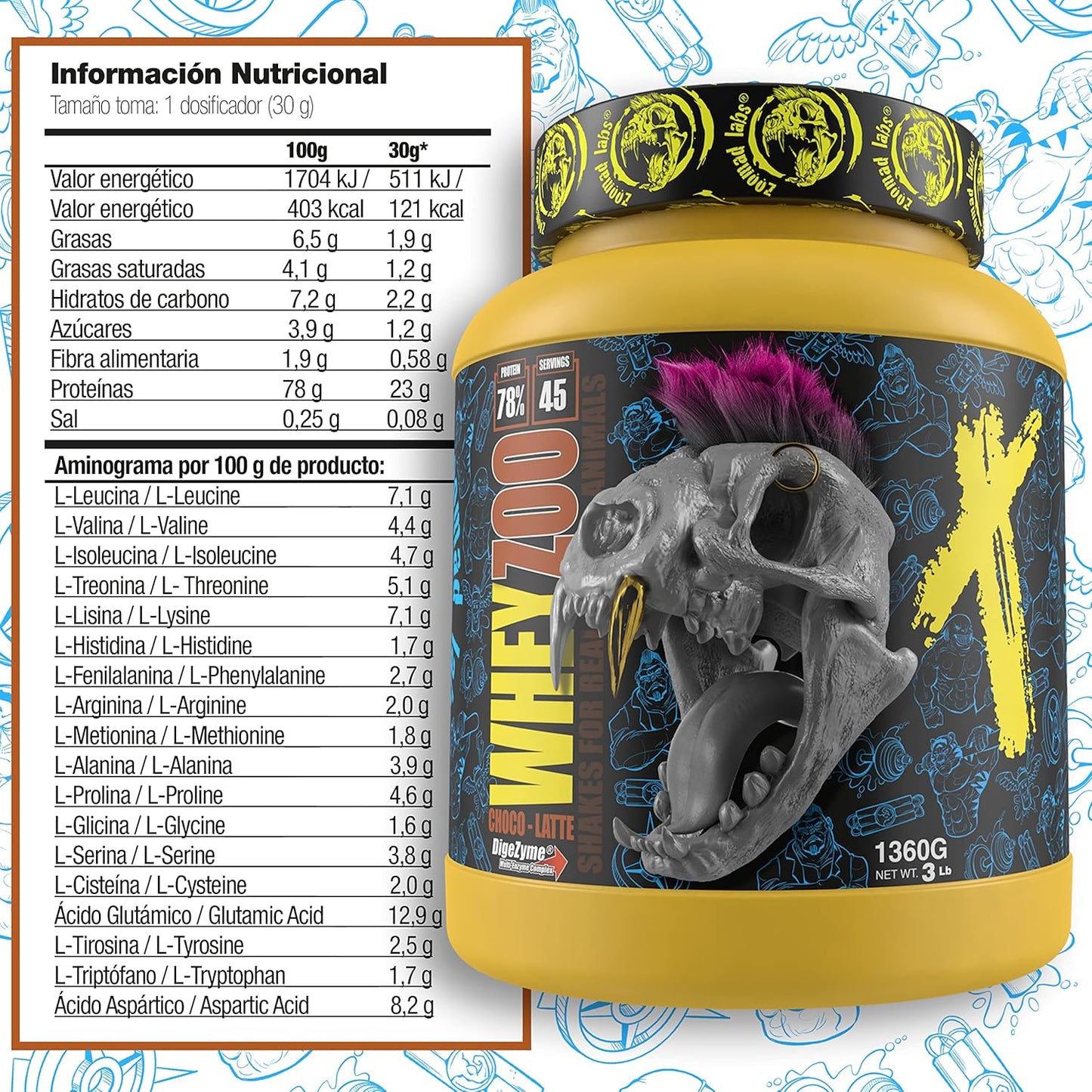 WHEYZOO de Zoomad Labs | 100% Whey Proteína en Polvo Pura | Tonifica y aumenta la masa muscular | Protege músculos y ayuda a la recuperación de los tejidos fibrosos - 1360g (Choco Latte)
