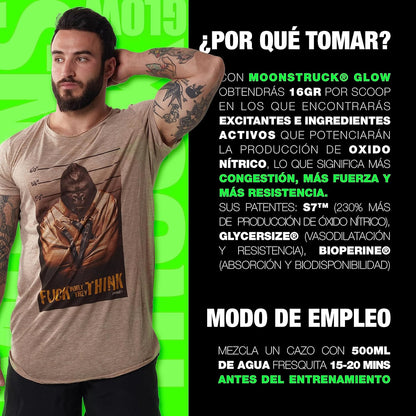 MOONSTRUCK GLOW Preentreno de Zoomad Labs | Cafeína | 16g de óxido nítrico y pump | Incrementa Energía y entrenamiento | Envase Premium 3D con Brillo en la Oscuridad (Sabor chuche de melocotón)