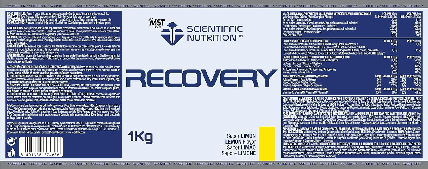 Scientiffic Nutrition - Recovery, Bebida Post Entreno para una Rápida Recuperación Muscular con Hidratos de Carbono, Hidrolizado y Proteína de Suero de Leche - 1kg, Sabor Limón.