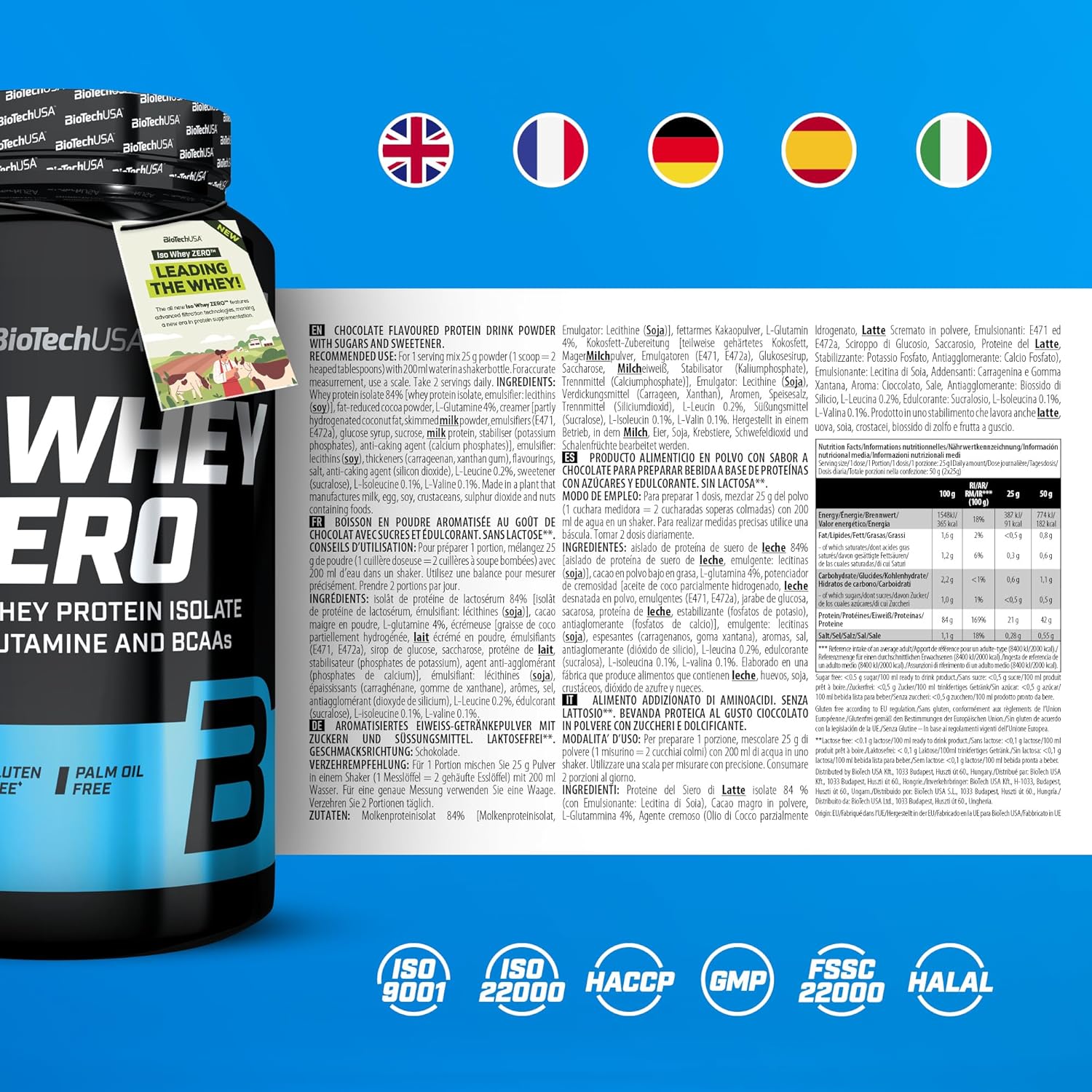 BioTechUSA Iso Whey Zero | Premium Whey Protein Isolate | Grass-Fed | Enzyme-Free | Sugar- and Gluten-free, 908 g, Chocolate