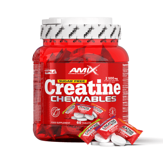 Amix creatina monohidrato masticable de 2500 mg, envase de 60 comprimidos