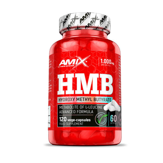 Amix HMB – Beta-hidroxi beta-metilbutirato, 120 cápsulas, imagen oficial del envase