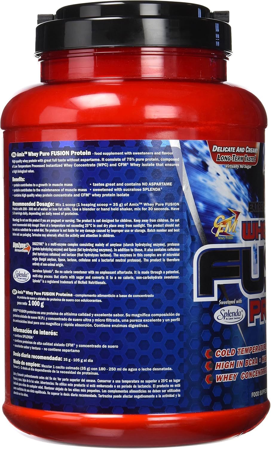 Etiqueta lateral de Amix Whey Pro Fusion de 1 kg con instrucciones de uso