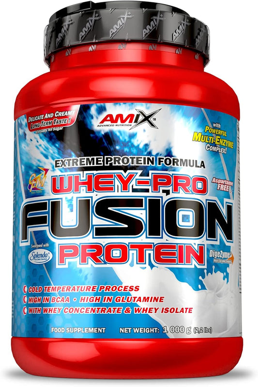 Amix Whey Pro Fusion en bote de 1 kg con etiqueta azul