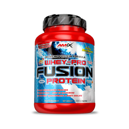 Amix Whey Pro Fusion en bote de 1 kg con etiqueta azul