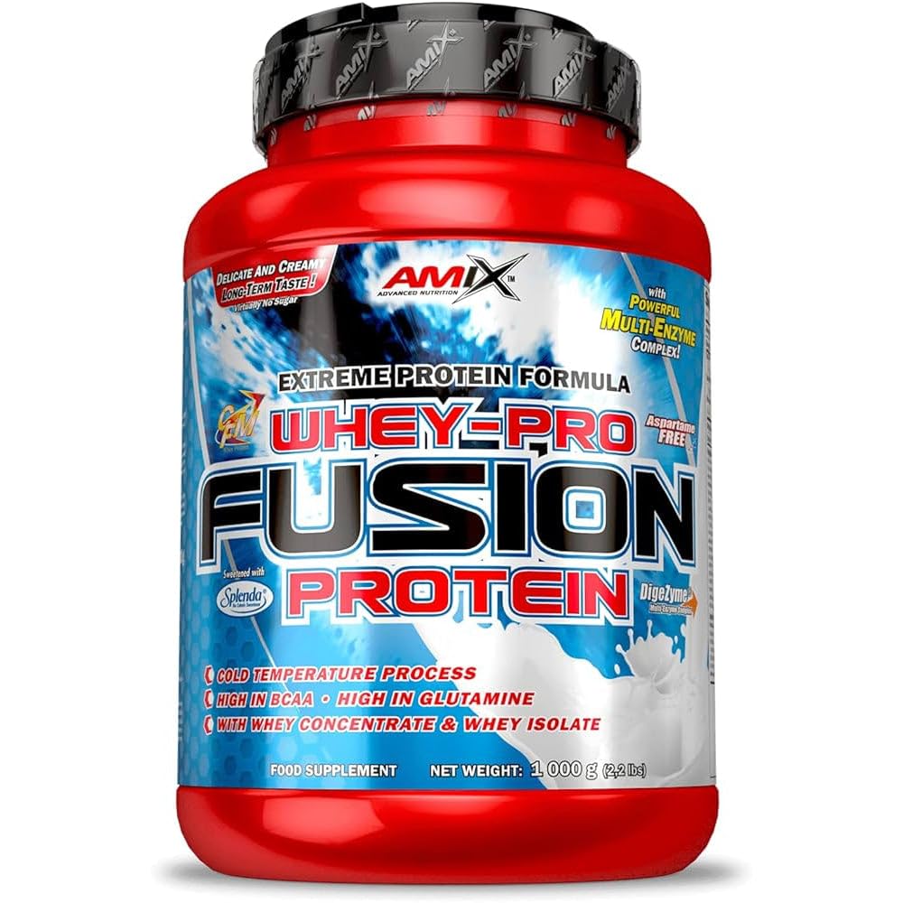 Amix Whey Pro Fusion en bote de 1 kg con etiqueta azul