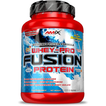 Amix Whey Pro Fusion en bote de 1 kg con etiqueta azul