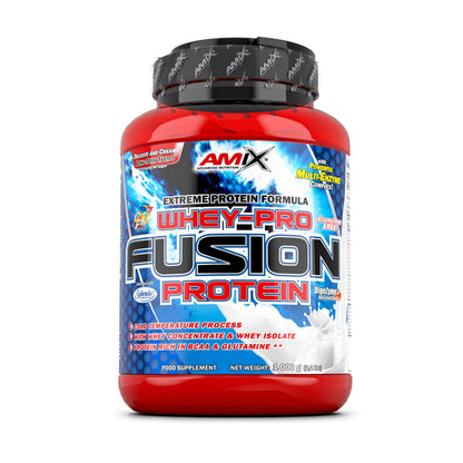 Amix Whey Pro Fusion en bote de 1 kg con etiqueta azul