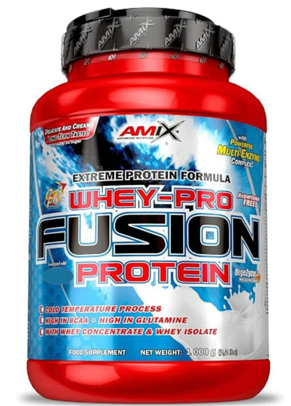Amix Whey Pro Fusion en bote de 1 kg con etiqueta azul