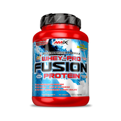 Amix Whey Pro Fusion en bote de 1 kg con etiqueta azul