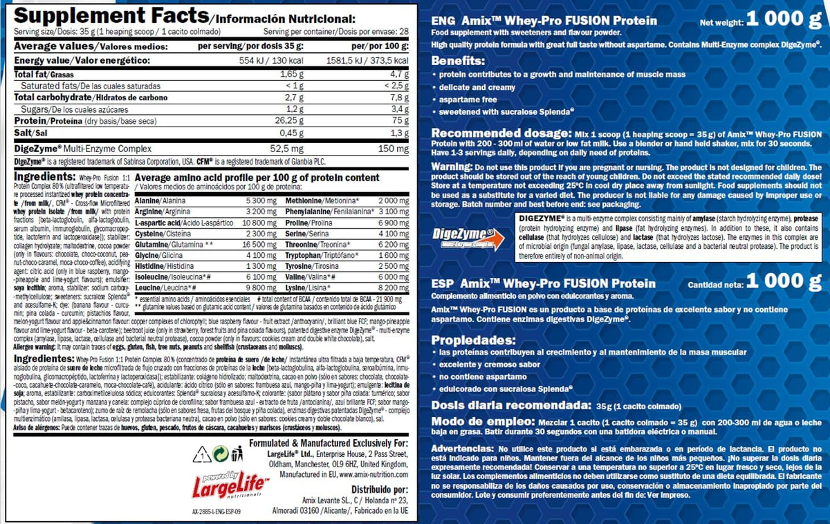 Información nutricional e ingredientes de Amix Whey Pro Fusion de 1 kg