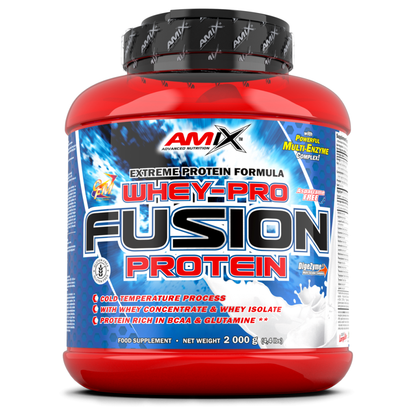 Amix Whey Pro Fusion en bote de 2 kg con etiqueta azul
