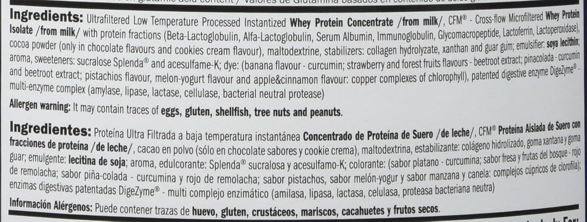 Detalle de los ingredientes y alérgenos de Amix Whey Pro Fusion