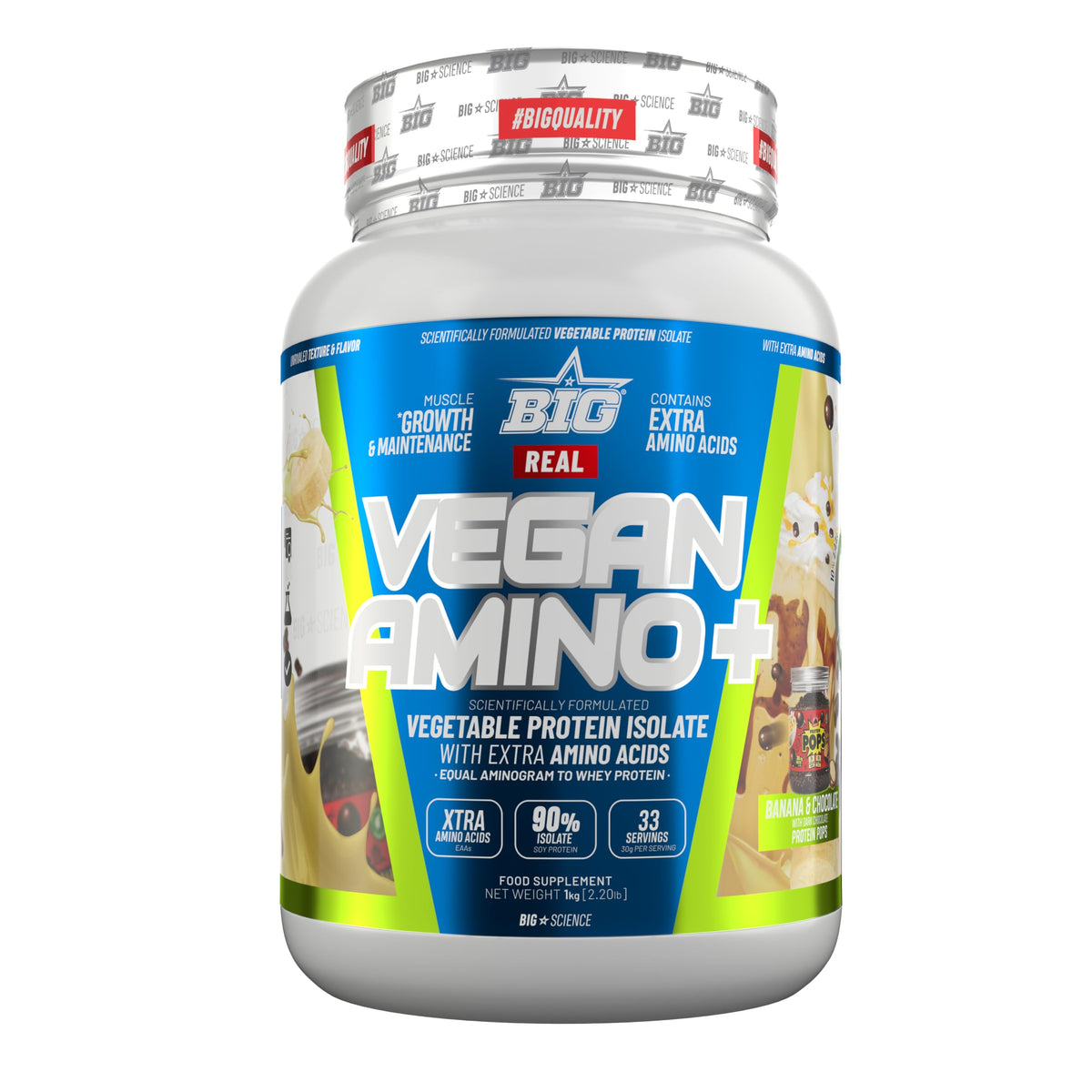 BIG Real Vegan Amino Plus - Proteína vegetal, 1 kg, Banana & Choco with Protein Pops 1 Kg