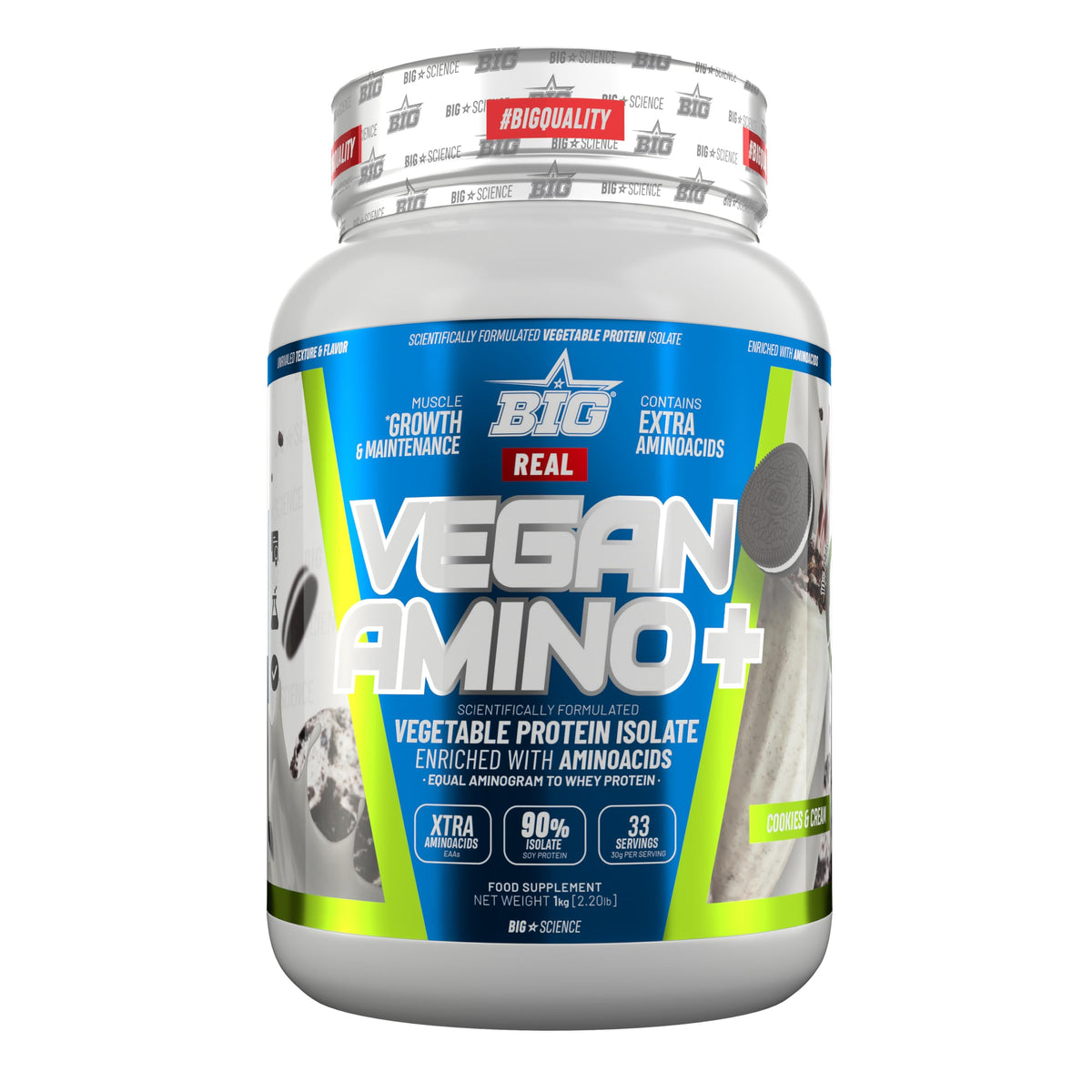 BIG Real Vegan Amino Plus - Proteína vegetal, 1 kg, Galletas y crema 1 Kg