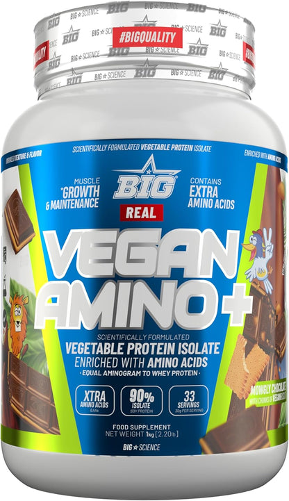 BIG Real Vegan Amino Plus - Proteína vegetal, 1 kg, Mowgly Chocolate with Vegan Biscuits 1 Kg