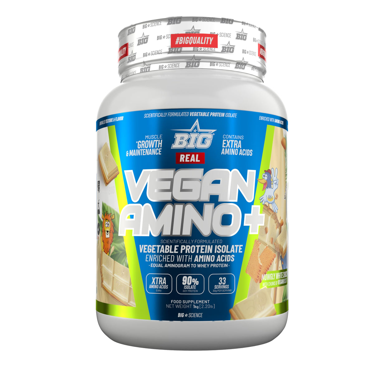 BIG Real Vegan Amino Plus - Proteína vegetal, 1 kg, Mowgly White Choco with Vegan Biscuits 1 Kg