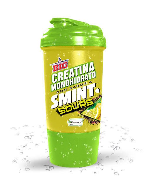 Shaker BIG Smint Lemon Creatine verde y amarillo, fotografía frontal