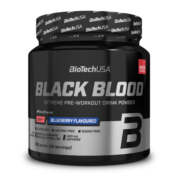 BioTechUSA Black Blood CAF+ 300 g sabor arándano, fotografía del envase