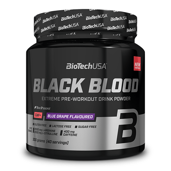 BioTechUSA Black Blood CAF+ 300 g, envase rotulado Blue Grape