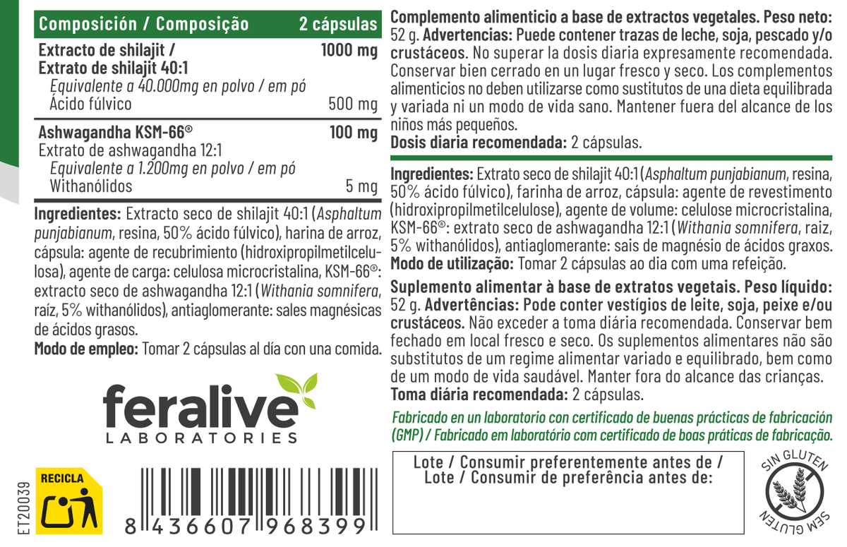 Feralive Shilajit Complex con KSM-66 - 60 cápsulas - imagen oficial informativa