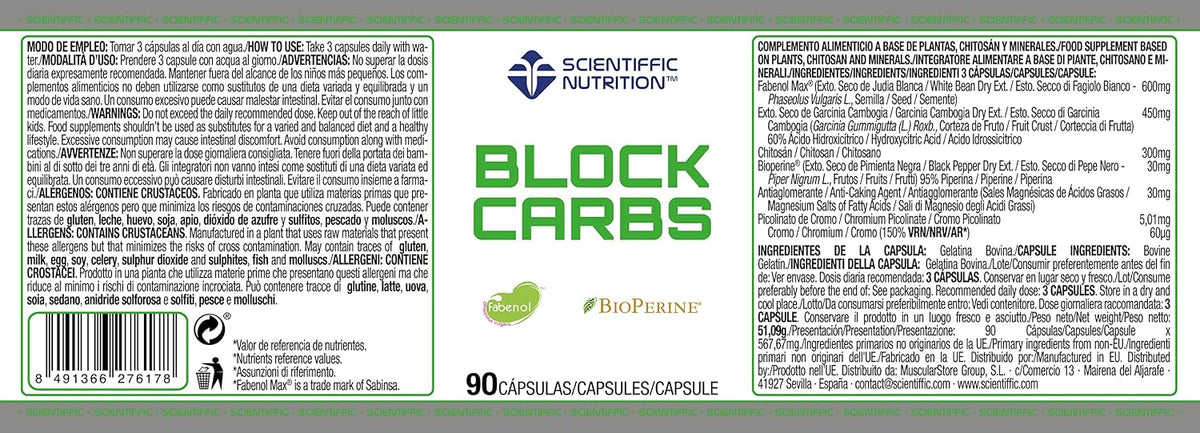 Scientiffic Nutrition Block Carbs 90 cápsulas, etiqueta con ingredientes y cantidades por dosis