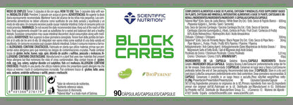 Scientiffic Nutrition Block Carbs 90 cápsulas, etiqueta con ingredientes y cantidades por dosis