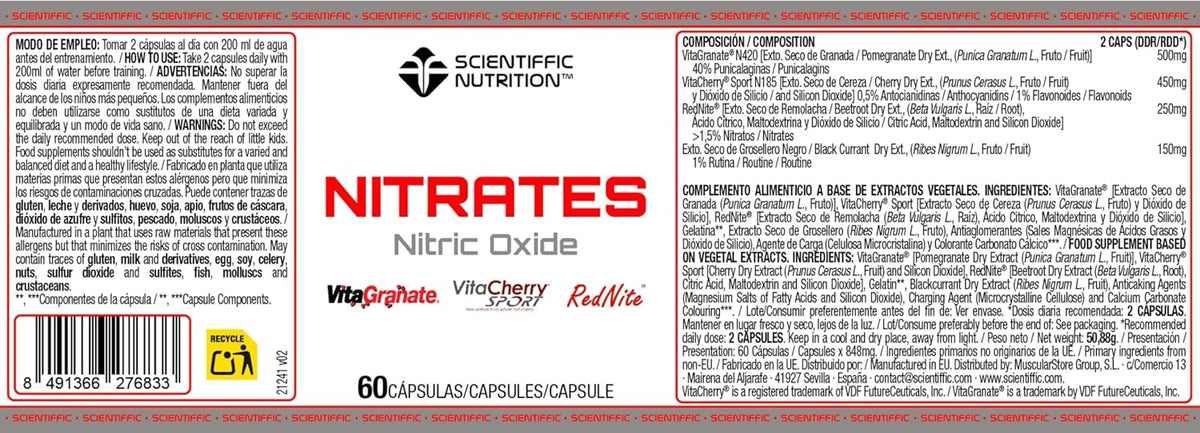 Etiqueta de Nitrates Scientiffic Nutrition 60 cápsulas, composición y advertencias