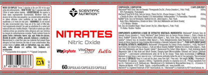 Etiqueta de Nitrates Scientiffic Nutrition 60 cápsulas, composición y advertencias