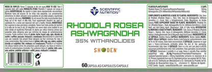 Etiqueta de Rhodiola Rosea y Ashwagandha Scientiffic 60 cápsulas, composición y advertencias