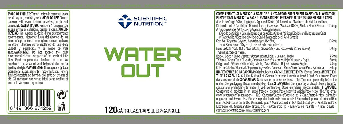 Etiqueta de Scientiffic Water Out 120 cápsulas con extractos vegetales, dosis y advertencias