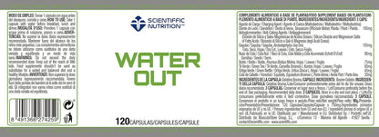 Etiqueta de Scientiffic Water Out 120 cápsulas con extractos vegetales, dosis y advertencias