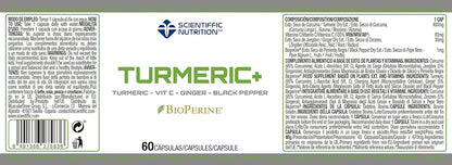 Etiqueta de Scientiffic Nutrition Turmeric+ con ingredientes, modo de empleo y advertencias